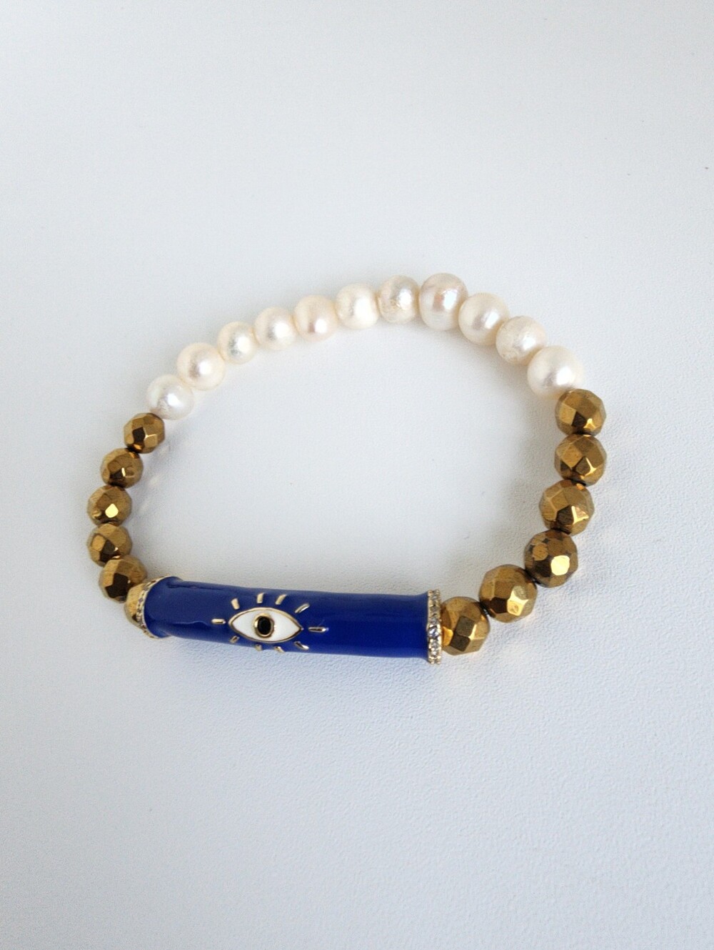Evil Eye Pearl Hematite Stretch Bracelet Blue Enamel Gold Tone Beaded